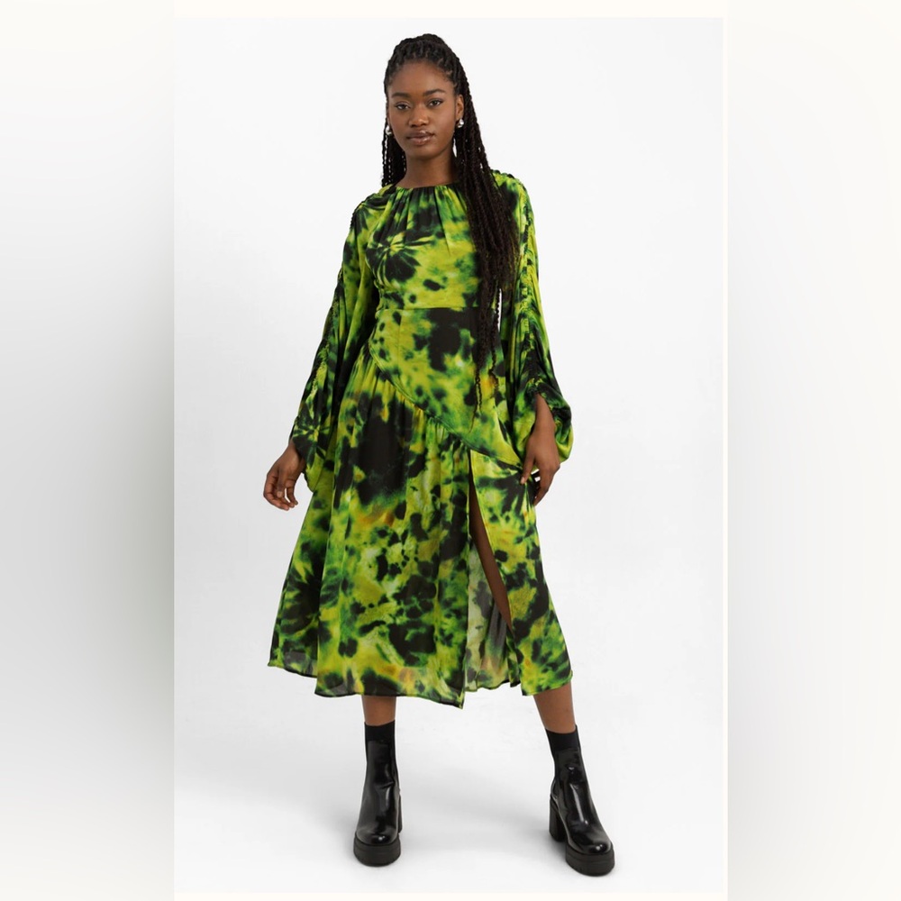 Topshop Ruched Acid Print Midi Dress In Lime